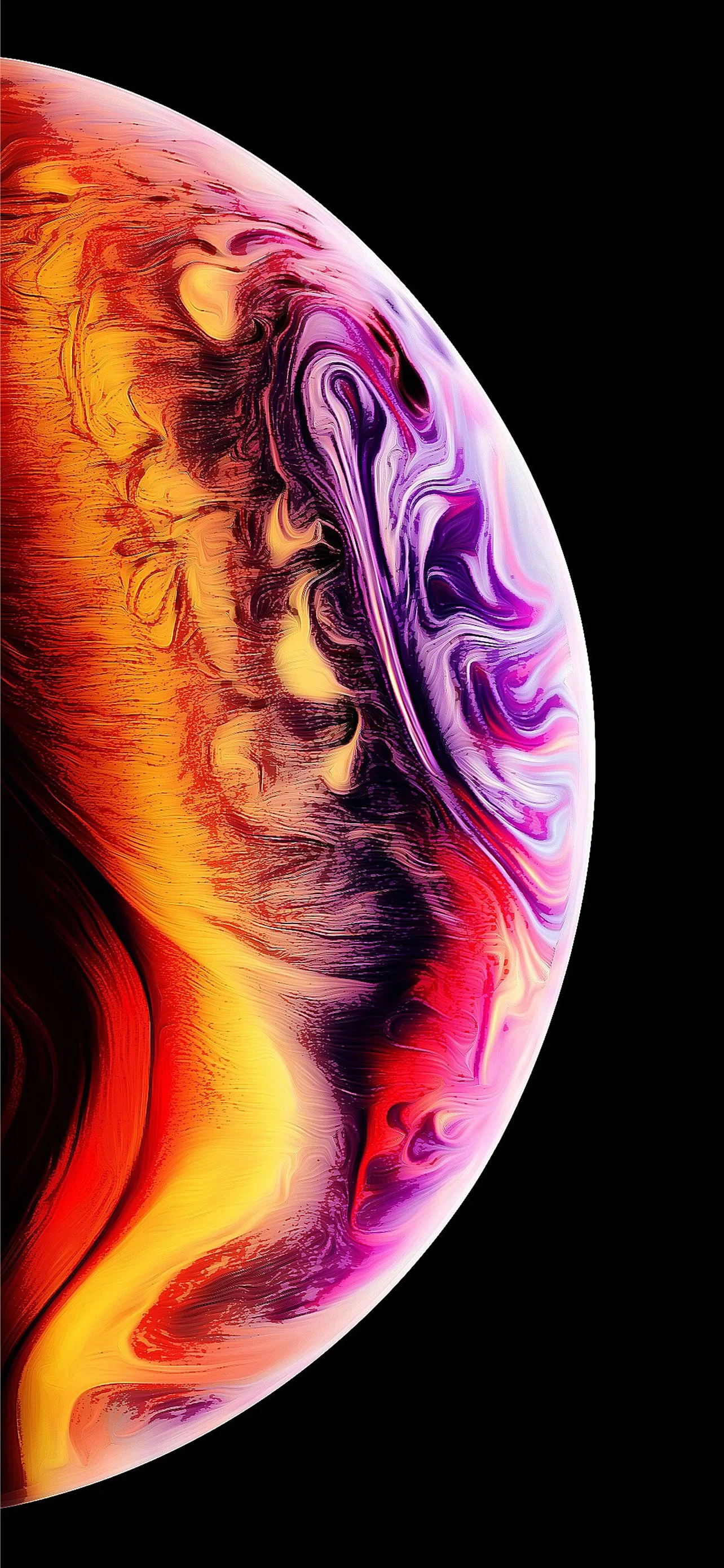 A marbled planet edge swirls in orange, magenta and violet ink patterns on pure black, its dark upper corner leaving room for the status bar.