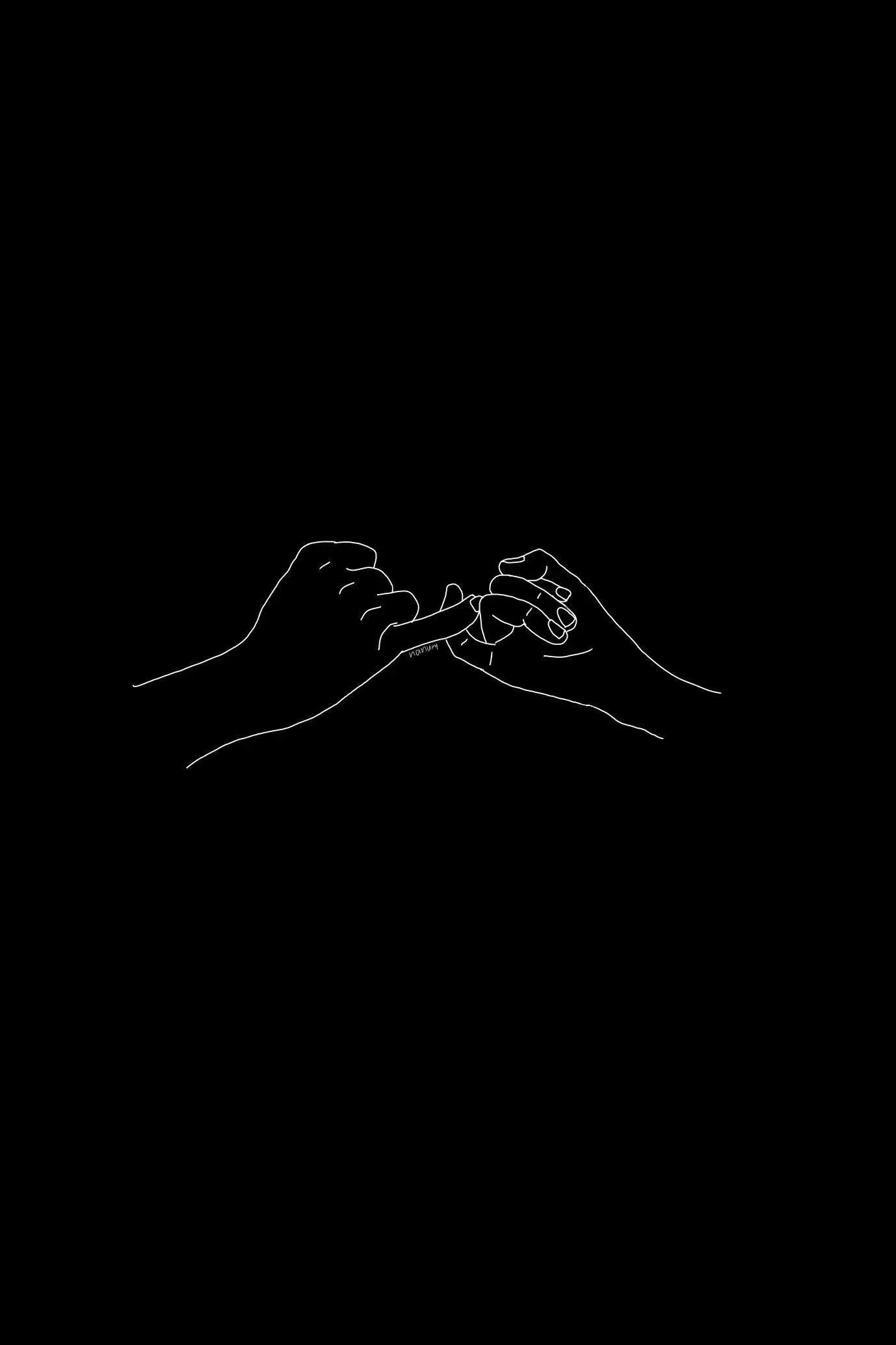 A single thin white outline of two hands linking little fingers sits at centre; everything else is true black, so icons stay readable and OLED pixels stay off.