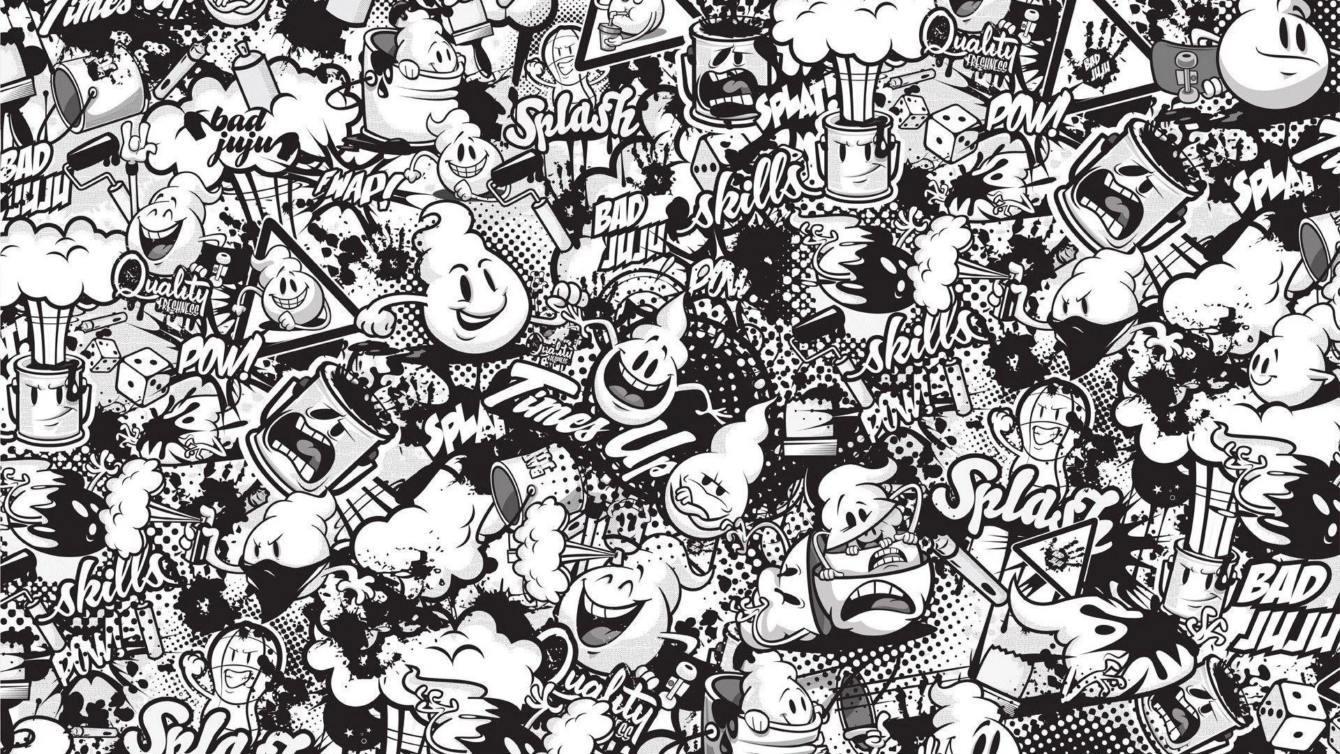 Hundreds of overlapping cartoon stickers and slogans packed edge to edge in ink line work, with no colour anywhere in the pile.