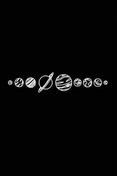The planets sketched in fine white line work run in a single row across the middle of a tall black frame, Saturn tilted at the centre.