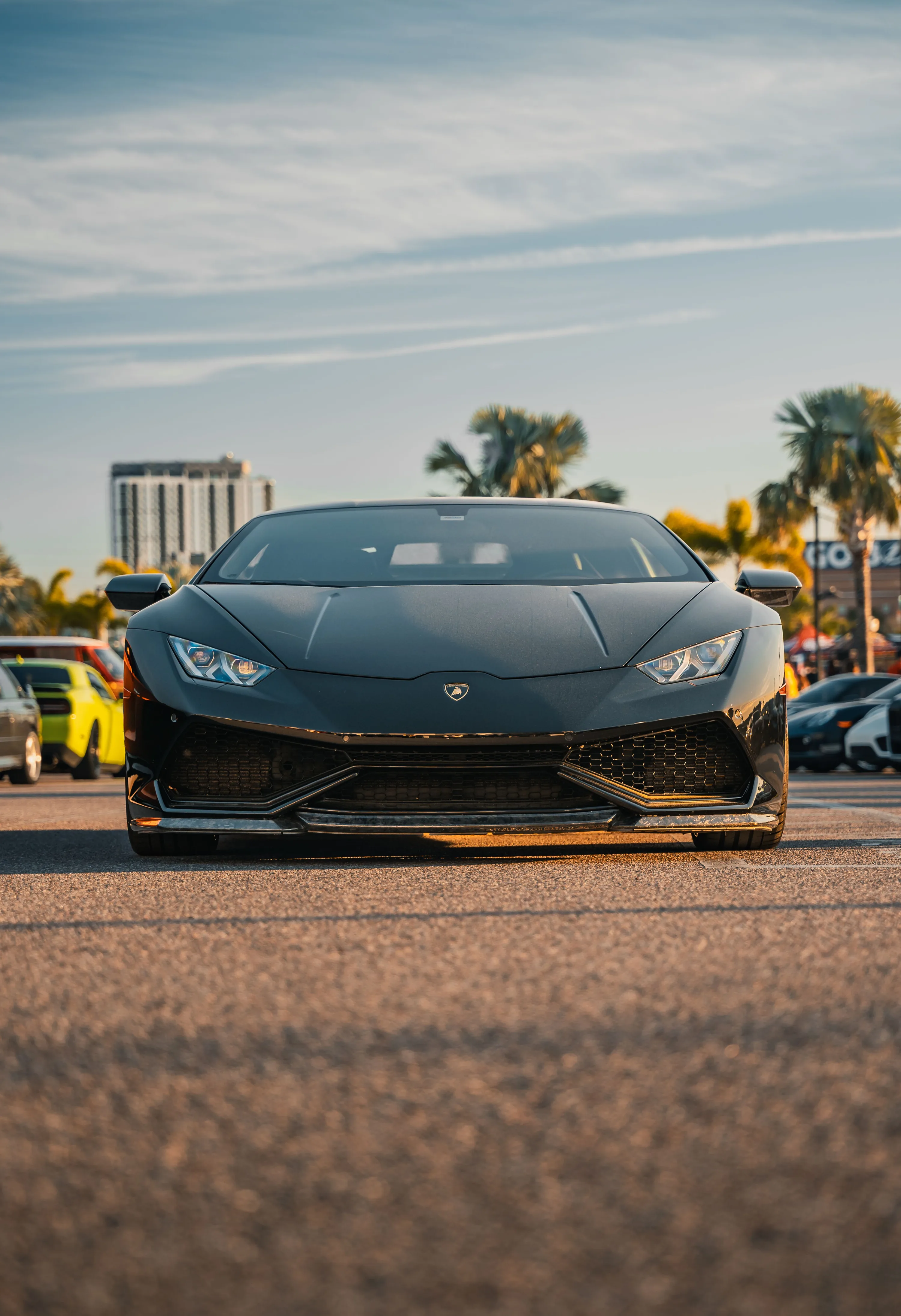 Vertical front shot of a slammed Lamborghini on cracked asphalt, palm trees and pale apartment blocks behind it under a soft blue sky.