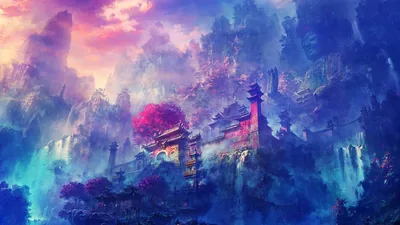 Ancient Temple in Misty Purple Mountains HD Wallpaper