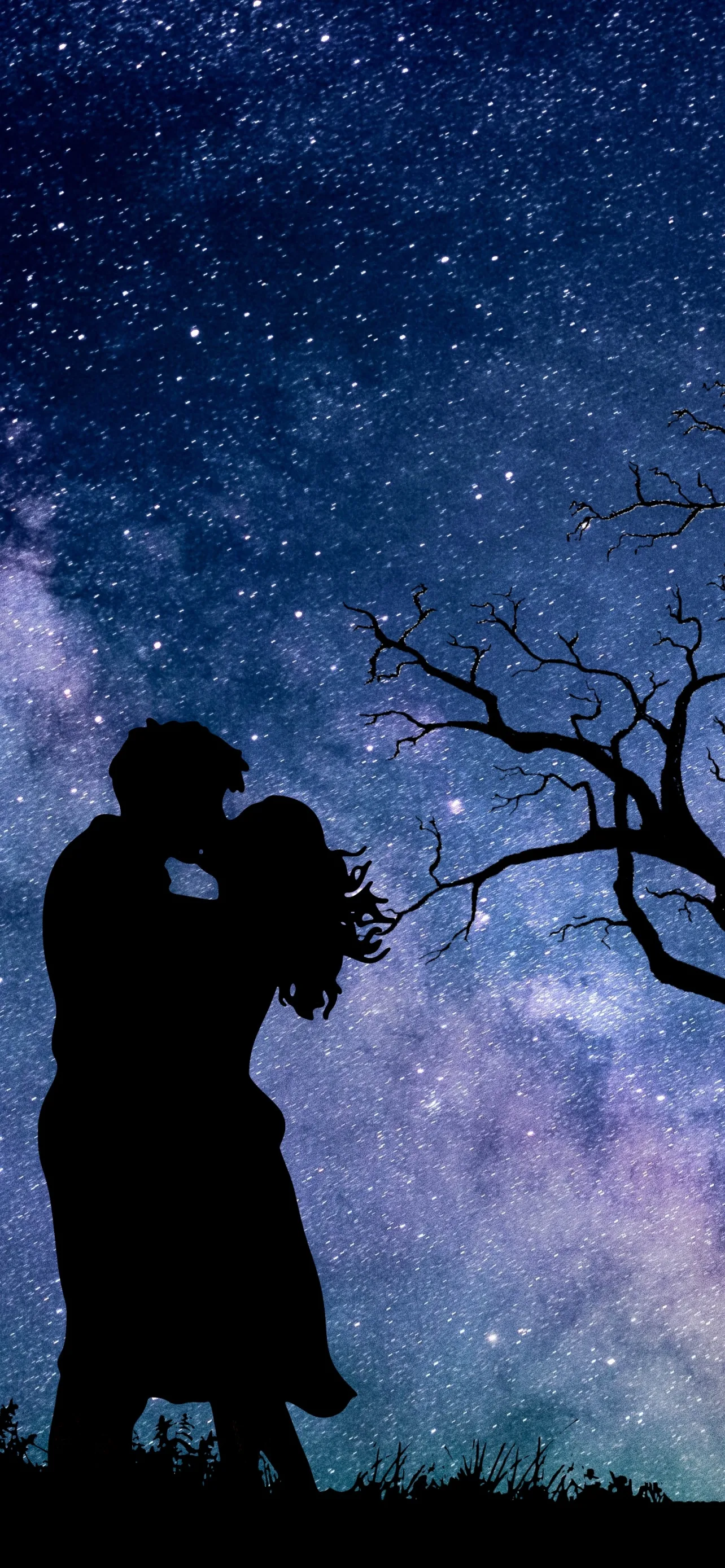 The Milky Way band rises behind an embracing pair standing lower left, bare branches reaching in from the right against a deep blue and violet star field.