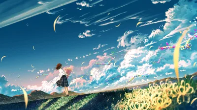 Schoolgirl on a Windy Flower Hill HD Wallpaper