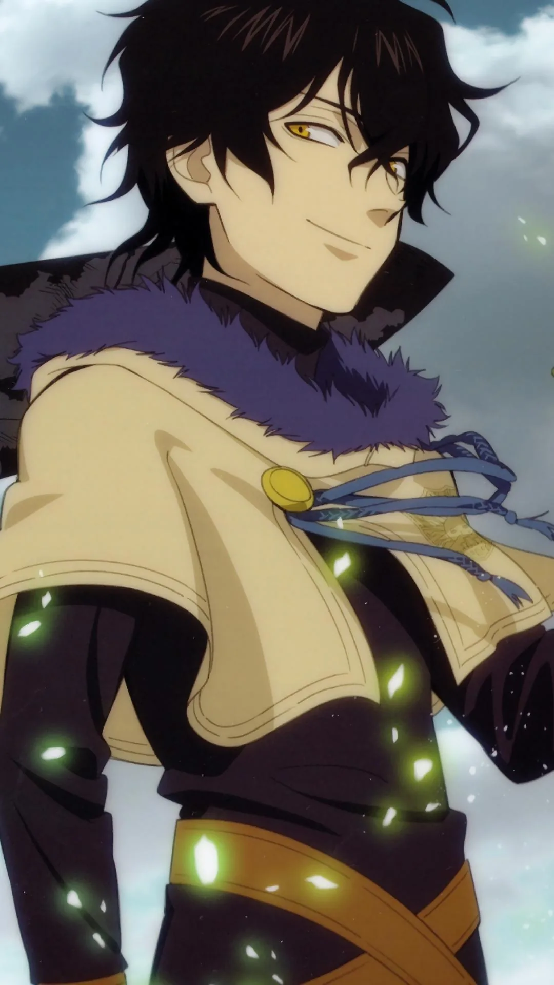 Yuno smiles slightly in his purple fur collar and beige cape, green motes floating up the tall frame while the pale sky keeps the top clear for a clock.