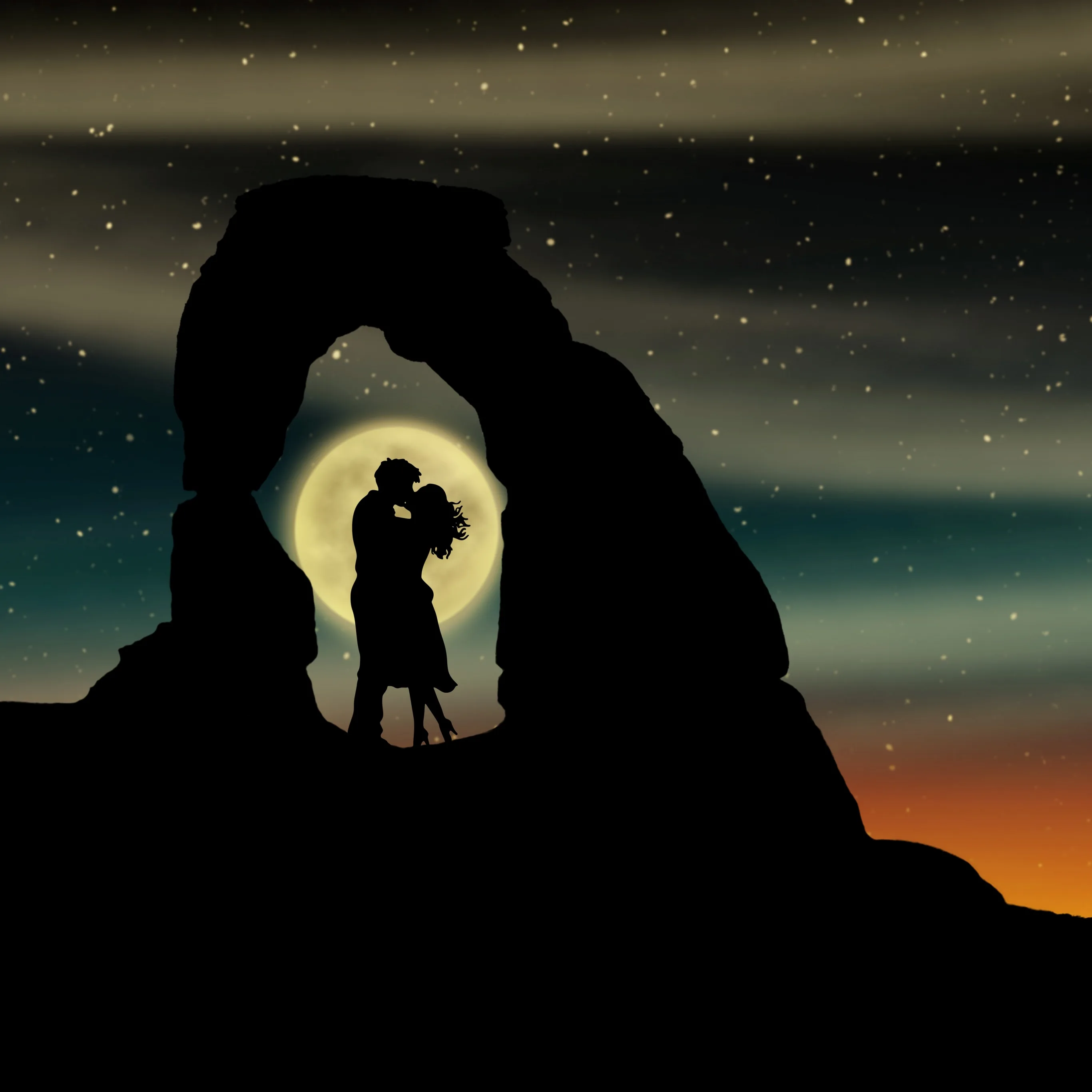 Digital illustration of a kissing pair framed inside a desert rock arch, the full moon glowing behind them under a banded teal and amber night sky.