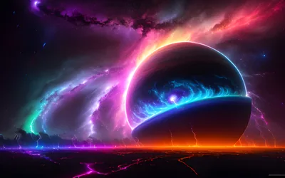Neon Planet Rising Over a Glowing Plain HD Wallpaper