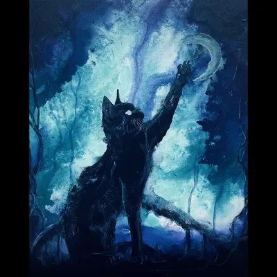 Finders Keepers Black Art Print Shadowy Haunted Feline Pawing at Crescent Moon