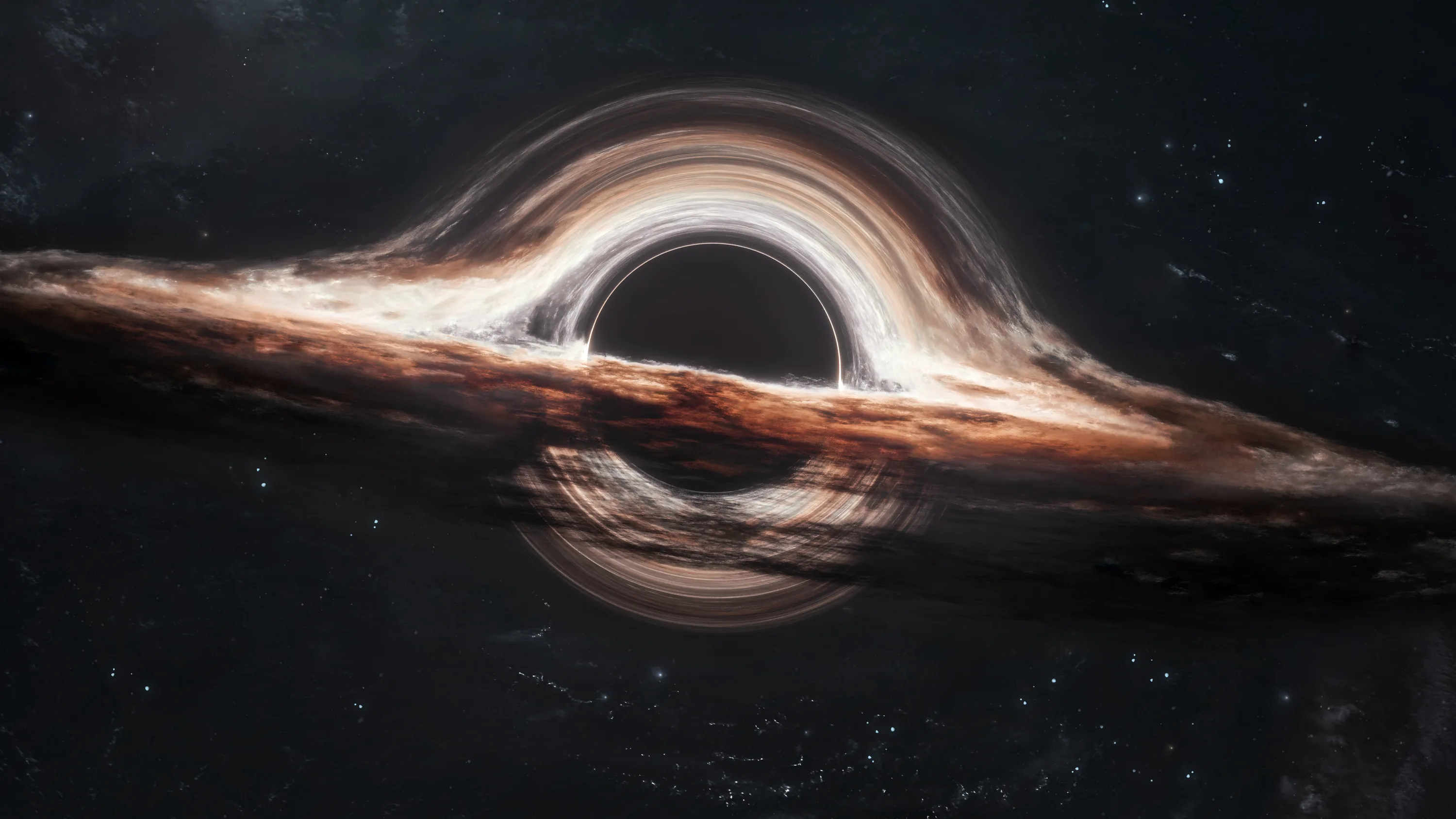 A warm brown dust disc circles the dark sphere edge on, its halo arcing overhead, and both lower corners fall away to plain starry black.