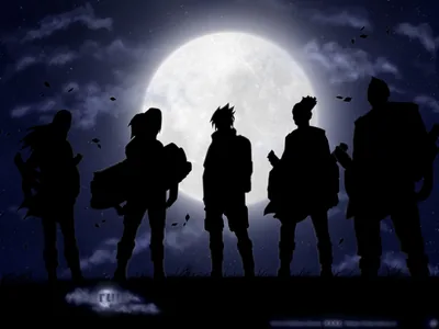 Five Ninja Silhouettes Against the Moon HD Wallpaper