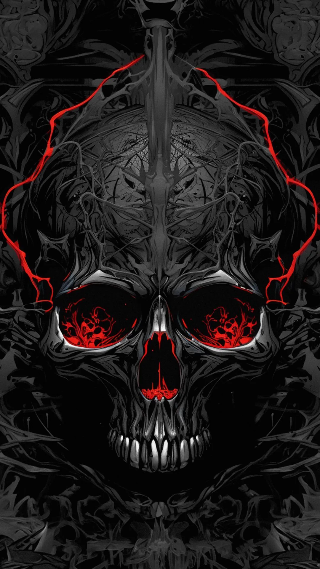 Red light cracks around the crown of a carved grey skull and pools in its eyes, the ornate background almost black behind it.