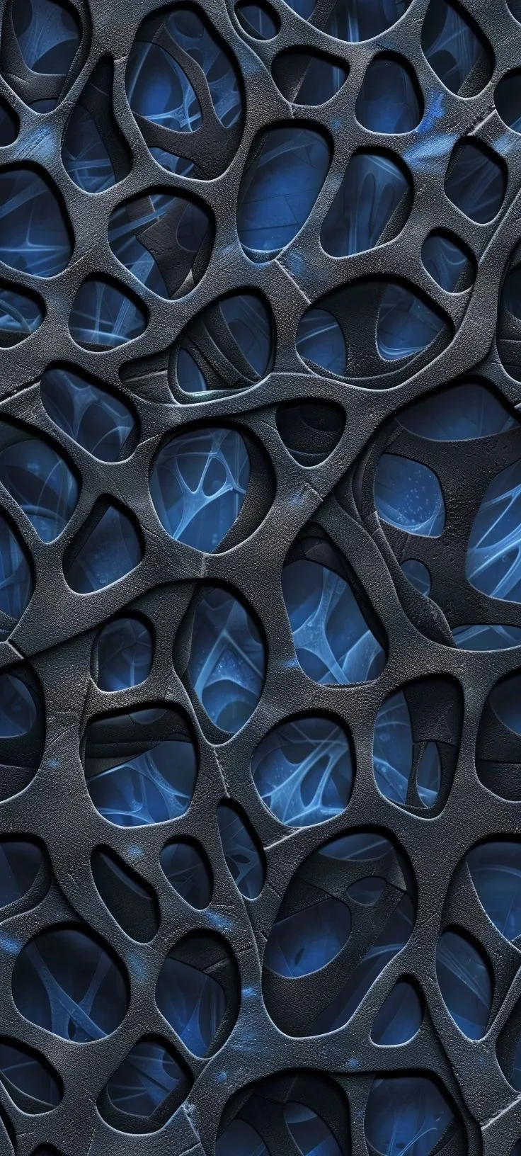 A matte black web of irregular cells stretches down the frame, each opening filled with veined blue glass, dense enough that app icons read against it anywhere.