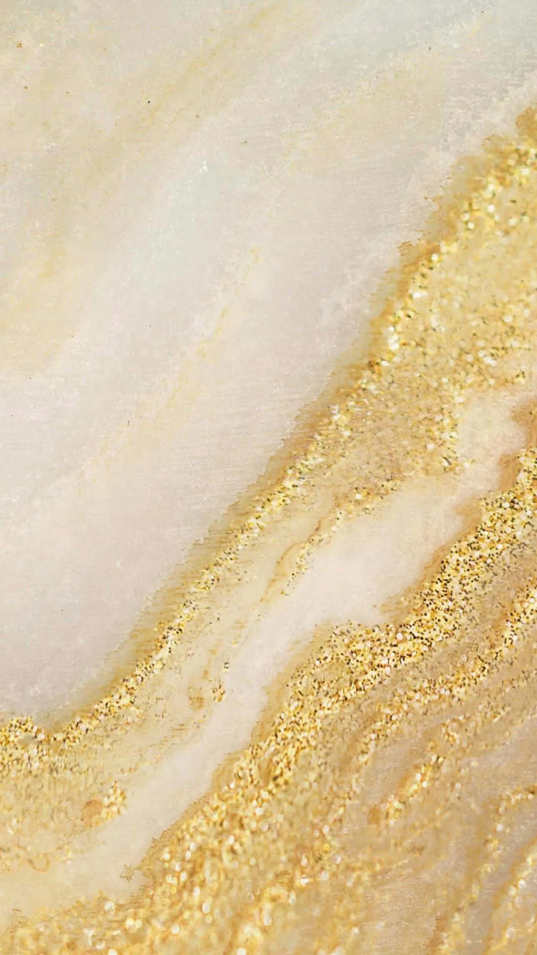 A band of gold glitter cuts diagonally through pale cream marble, leaving the smooth upper-left corner clear for a phone clock.