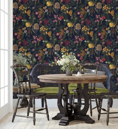 Dark Botanical Wallpaper, Removable Vintage Wallpaper, Dark Wallpaper, Dark Moody Wallp