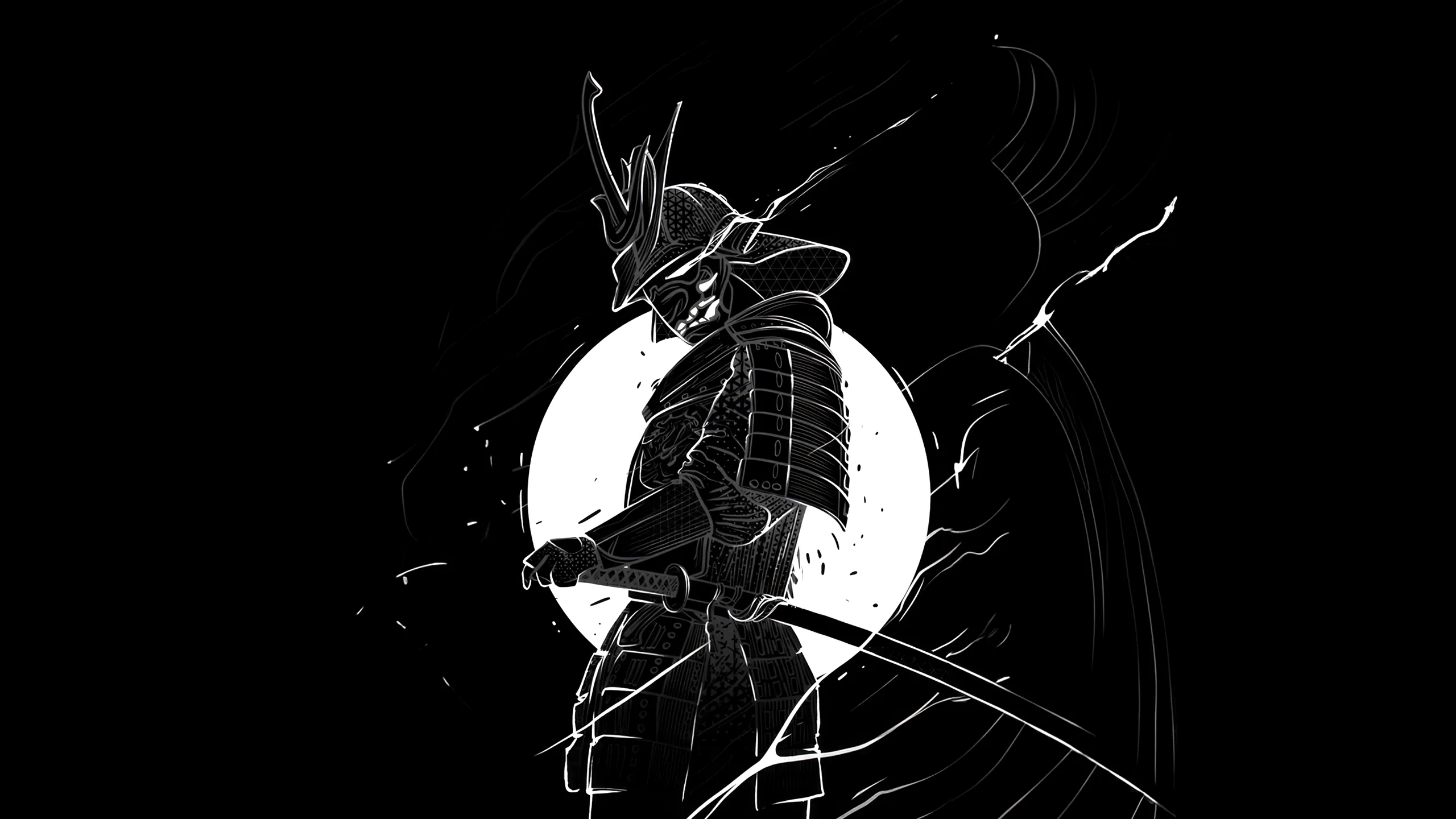 An armoured samurai stands in profile against a full white moon, ink slashes cutting the dark; both upper corners stay solid black.