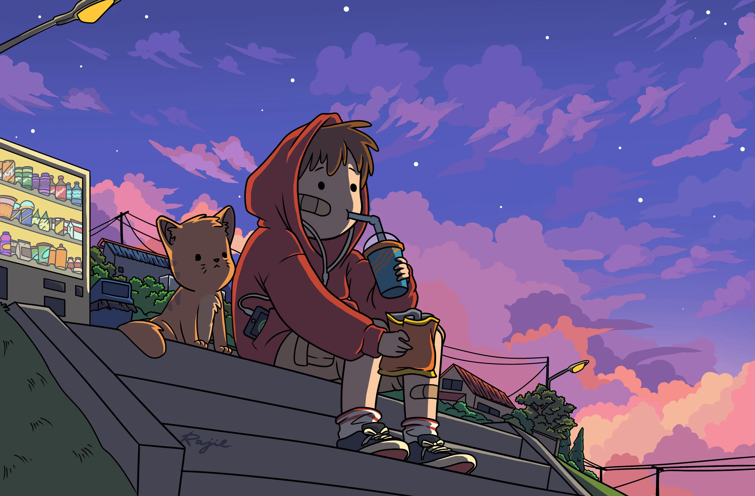 A bandaged boy in a red hoodie sits on concrete steps with a drink and snacks, a cat beside him under a purple evening sky.