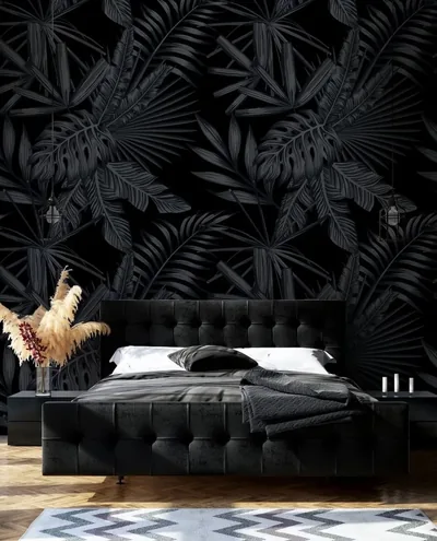 Tropical Leaves on a Black Bedroom Wall HD Phone Wallpaper