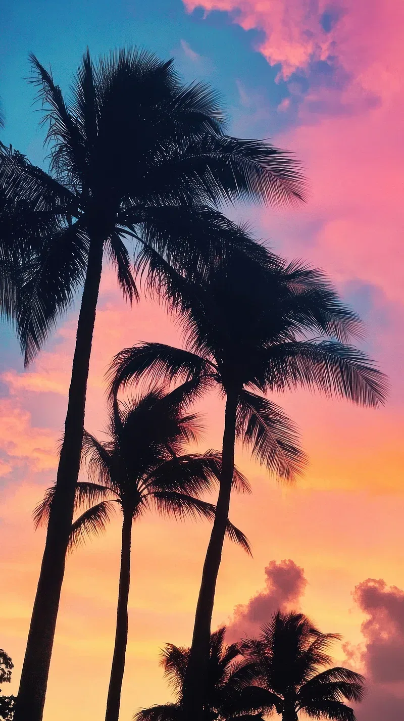 Four tall palms lean across a pink, purple and orange gradient, their dark crowns leaving the centre of the sky clear.