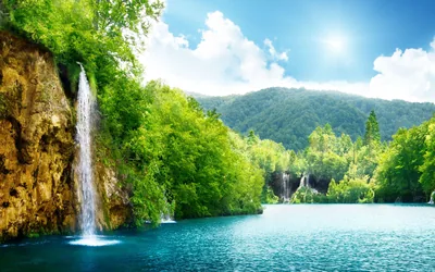 Forest Waterfall Under a High Sun HD Wallpaper