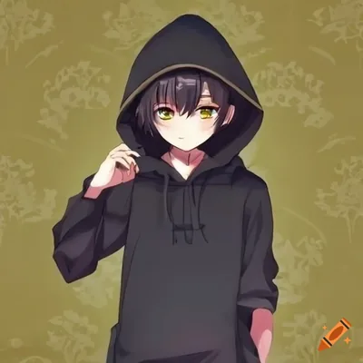 Anime boy with light brown eyes and black hair wearing a black hoodie and jean shorts