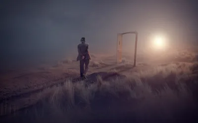Freestanding Door in a Misty Field HD Wallpaper