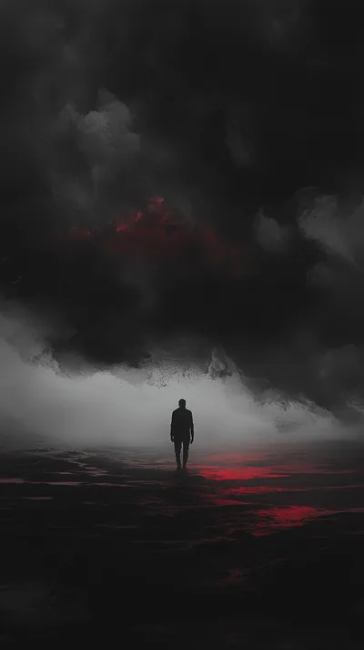 Man Walking Through Red Fog HD Phone Wallpaper