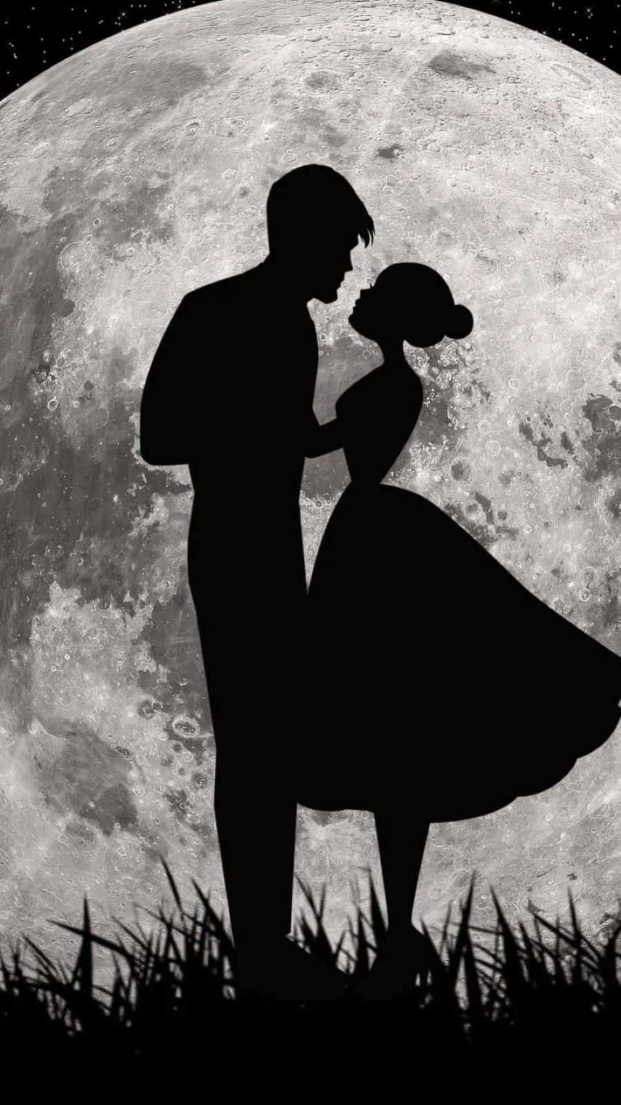 Black-and-white scene of a dancing pair pressed against a crater-detailed moon, her flared dress at centre and grass blades crossing the bottom of the frame.