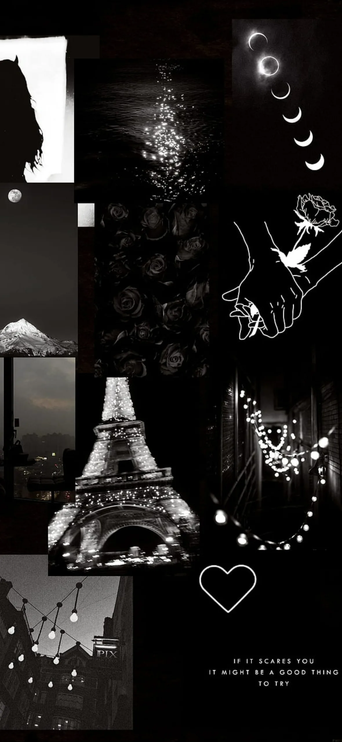The lit Eiffel Tower, joined hands, fairy lights and moon phases stack in a monochrome grid, one tile urging you to try what scares you.