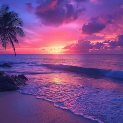 Tropical beach Wallpaper 4K, Aesthetic, Sunset, Purple sky