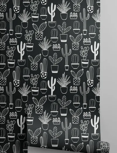 Black & White Naïve Cactus Pattern Wallpaper Hovia