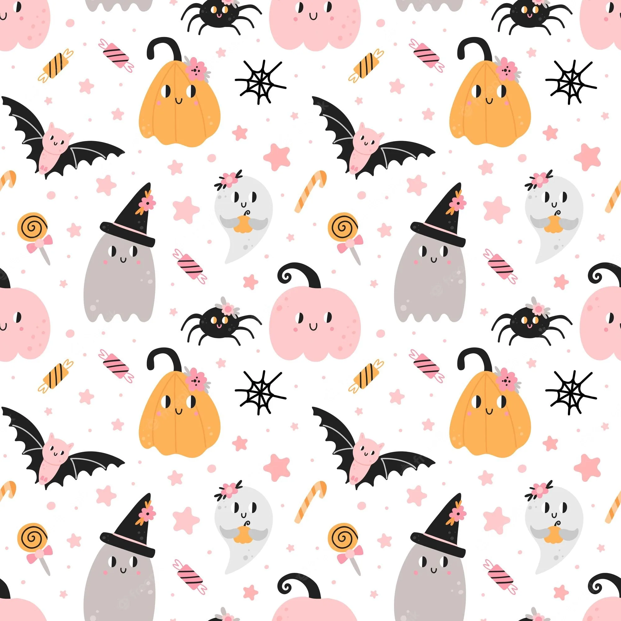 Grey witch-hat ghosts, smiling peach and pink pumpkins, bats and tiny spiders scatter with candy on white, the airy spacing leaving room for icons between every figure.