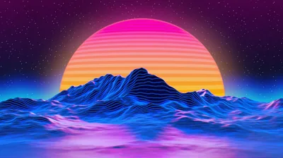 Retrowave Sun over Wireframe Mountains HD Wallpaper