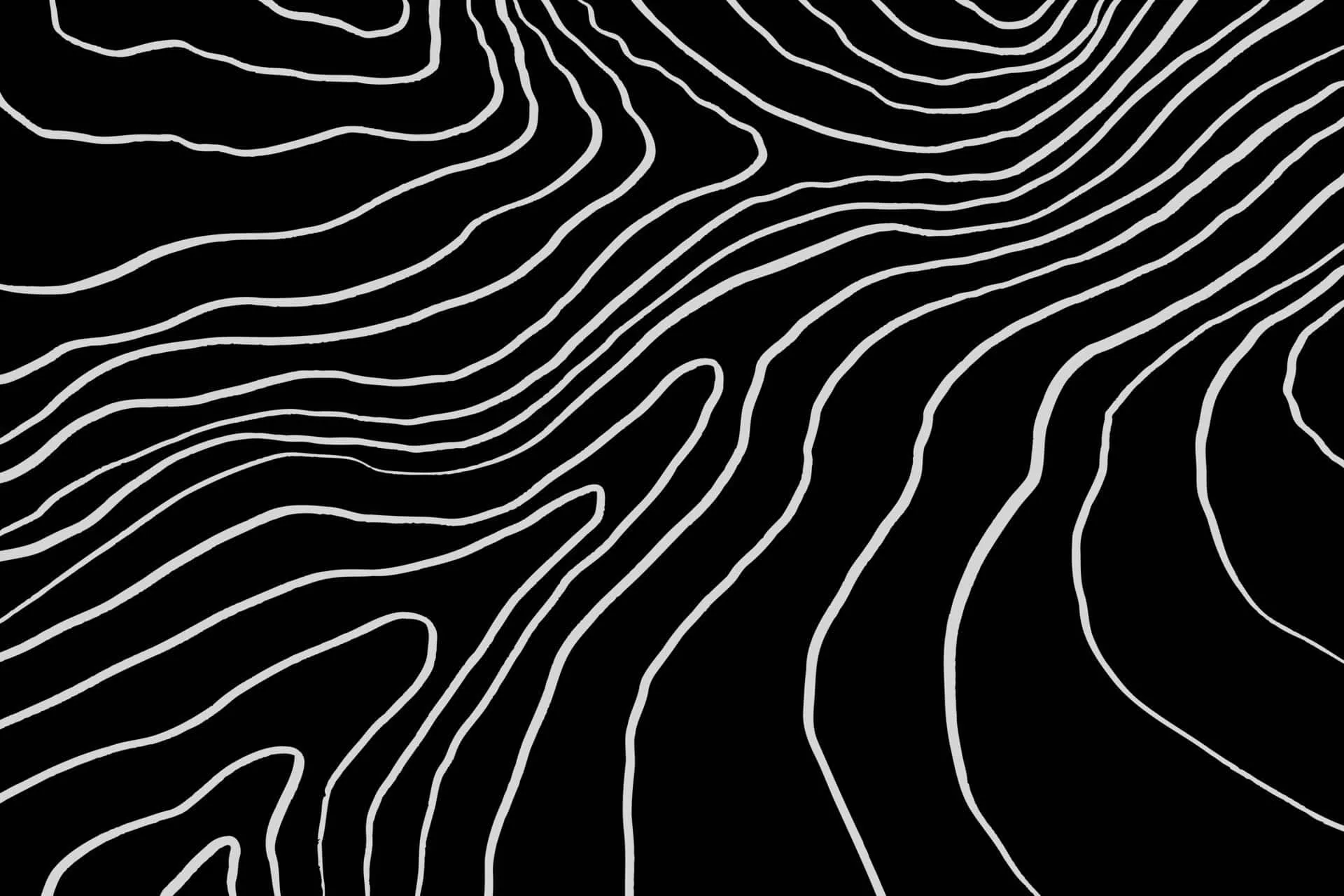 Thin white lines ripple across solid black like sand dunes seen from above, bunching tightly on the right and opening into wider gaps at the left edge.