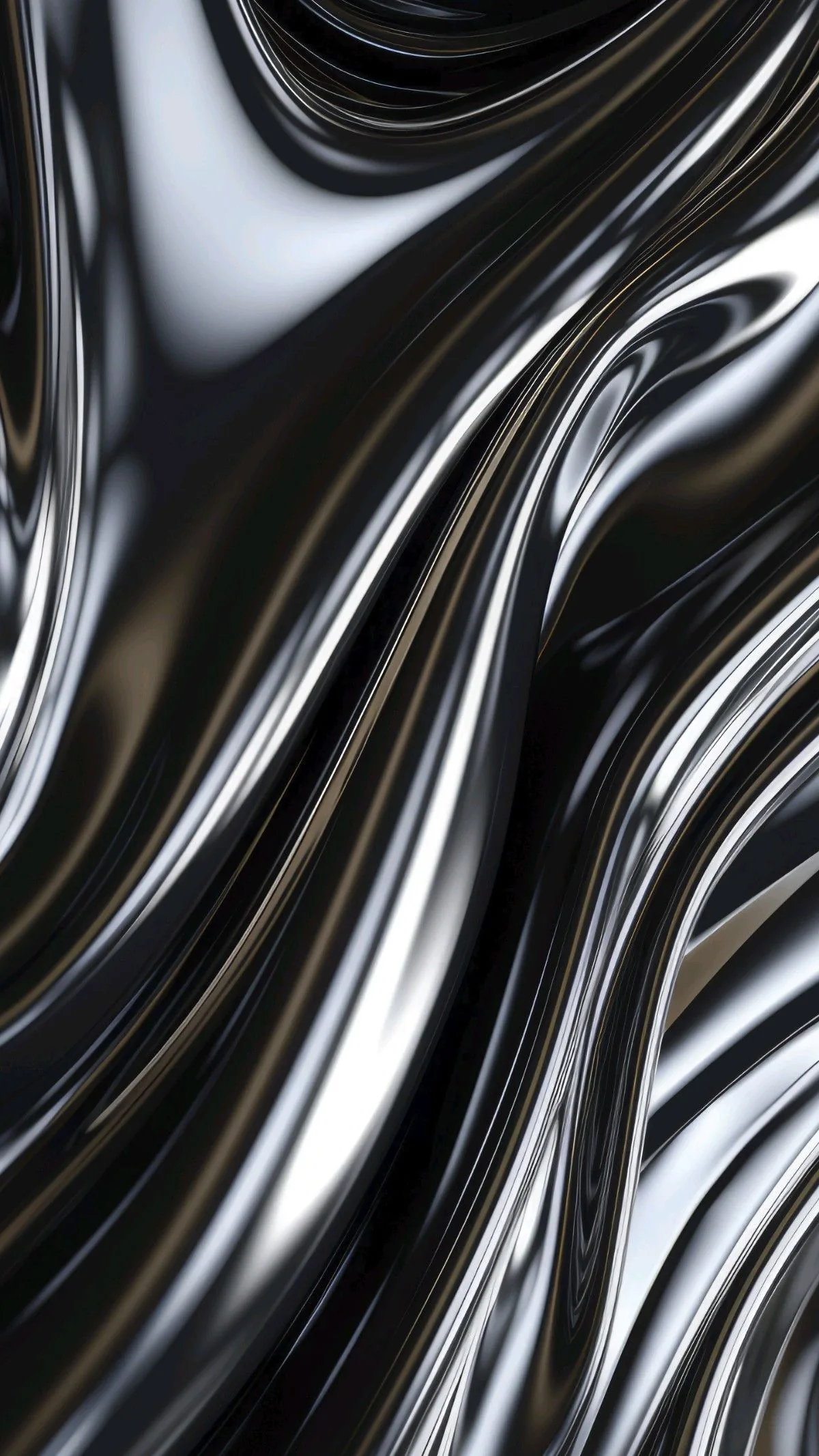 Streams of molten chrome pour diagonally down the frame, white highlights running along each fold with deep black channels between them.