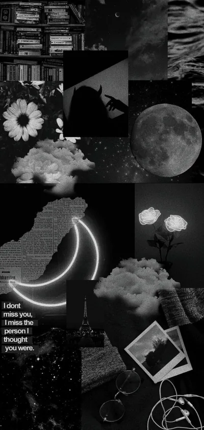 Moon and Flowers Moodboard in Black HD Phone Wallpaper