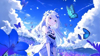 Flower Crown Girl with Blue Butterflies HD Wallpaper
