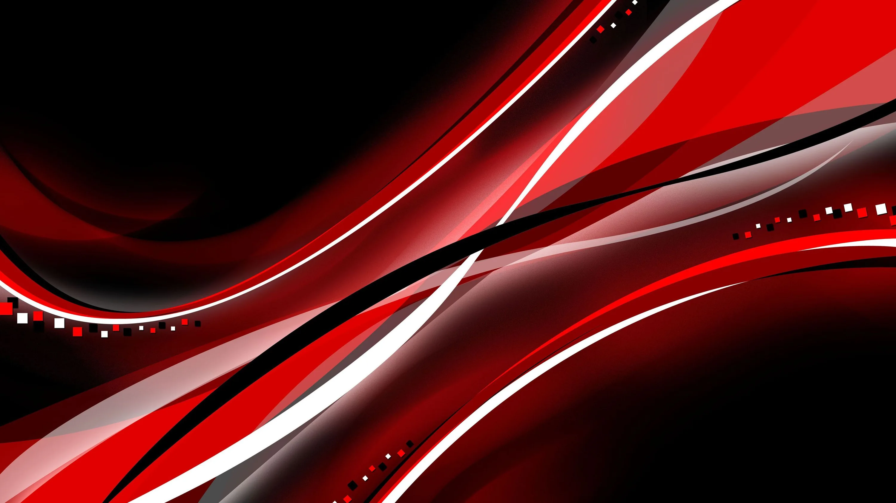 Glossy curved bands sweep across the frame in red, black and white, with small square dashes scattered along the ridges.