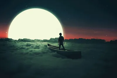 Canoe on Clouds Under the Moon HD Wallpaper
