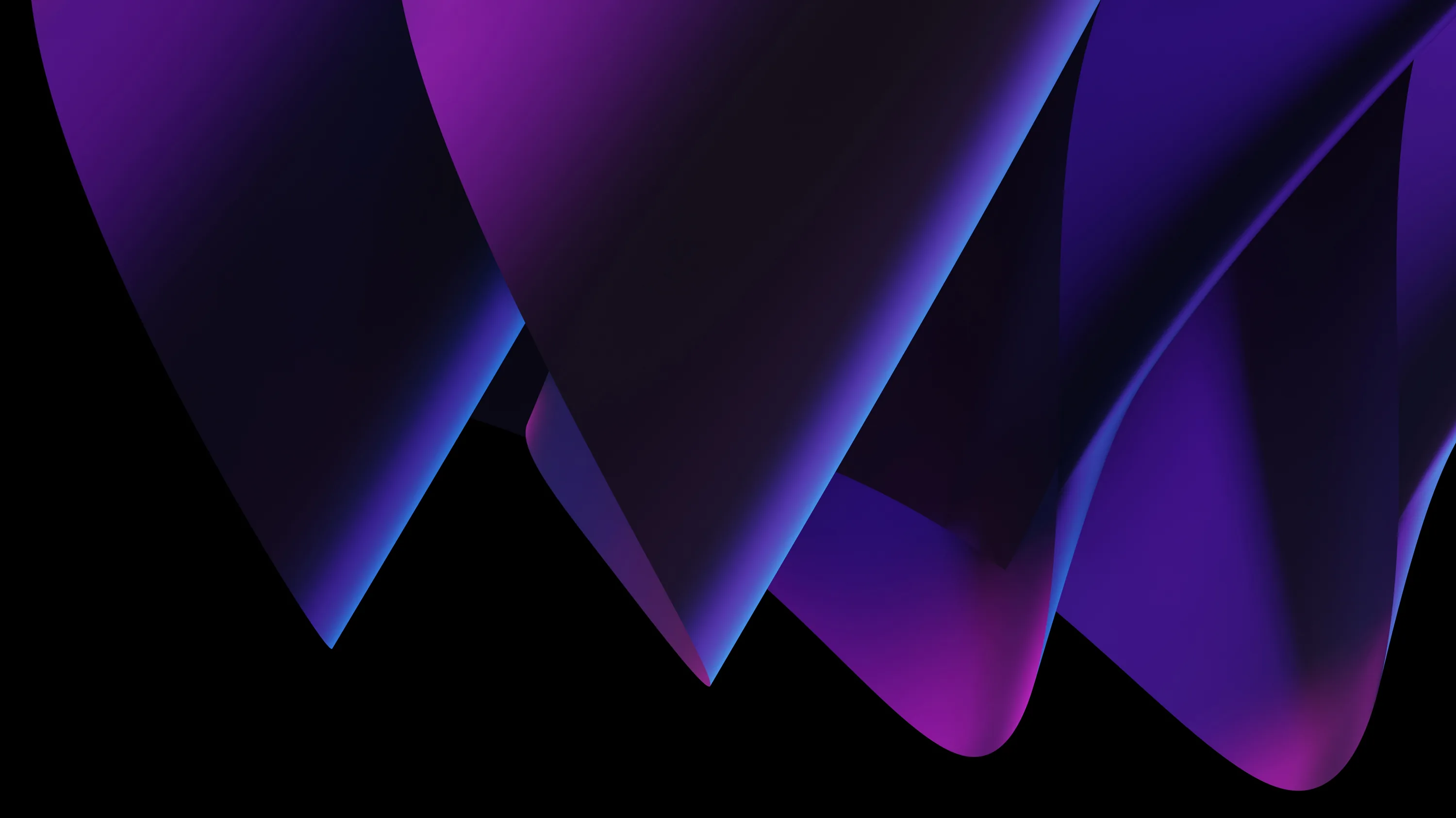 Wide curved sheets sweep down from the top, shifting from violet to magenta along each fold before meeting flat black at the bottom.