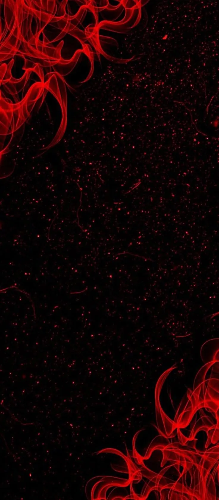 Thread-like red flames curl in from the corners of a speckled black field, leaving the centre of the screen clear and dark for app icons.