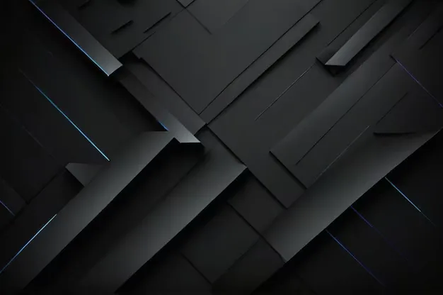 Overlapping angular panels step across the frame in matte black, thin electric-blue lines tracing a few of the diagonal seams.