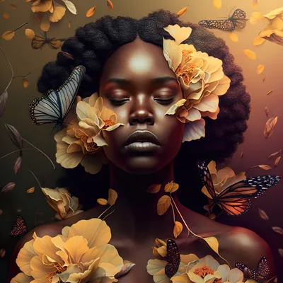 Golden Butterfly Black Woman Art, Black Girl Wall Art, Digital Art Print, AI Art, Black
