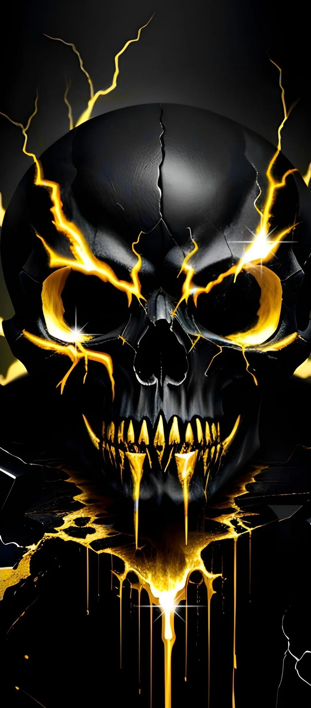 Yellow electricity splits a matte black skull down the brow and drips from its fangs, filling a tall phone frame end to end.
