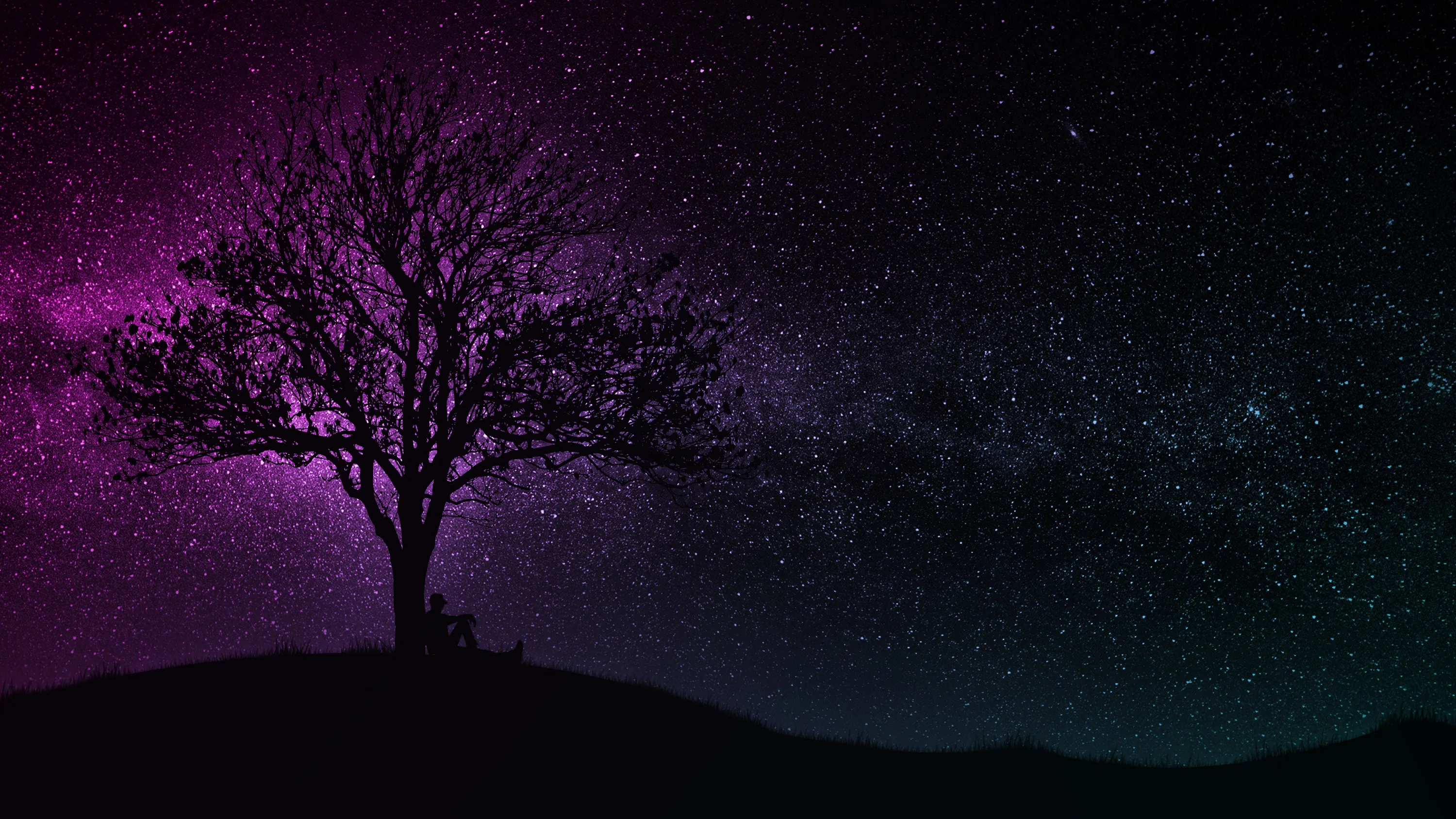 Wallpaper dark, wallpaper, black, art, tree, man, hill, purple for mobile and desktop
