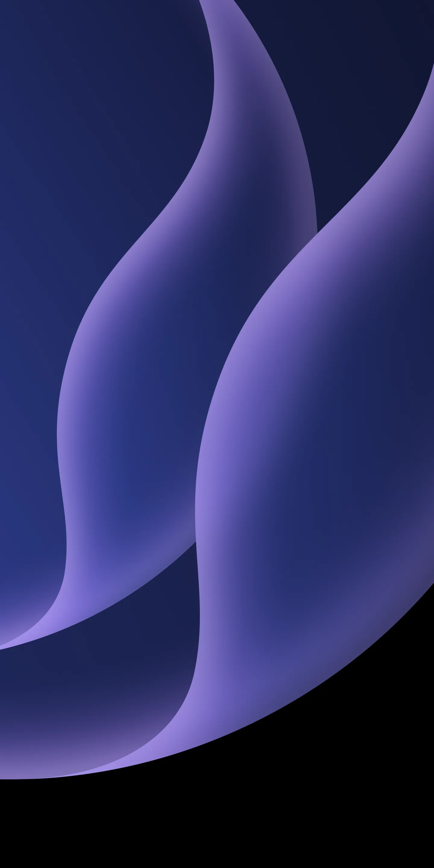 Two violet ribbons arc up a deep navy field that falls to true black in the lower right — dark enough there to keep dock icons readable on OLED.