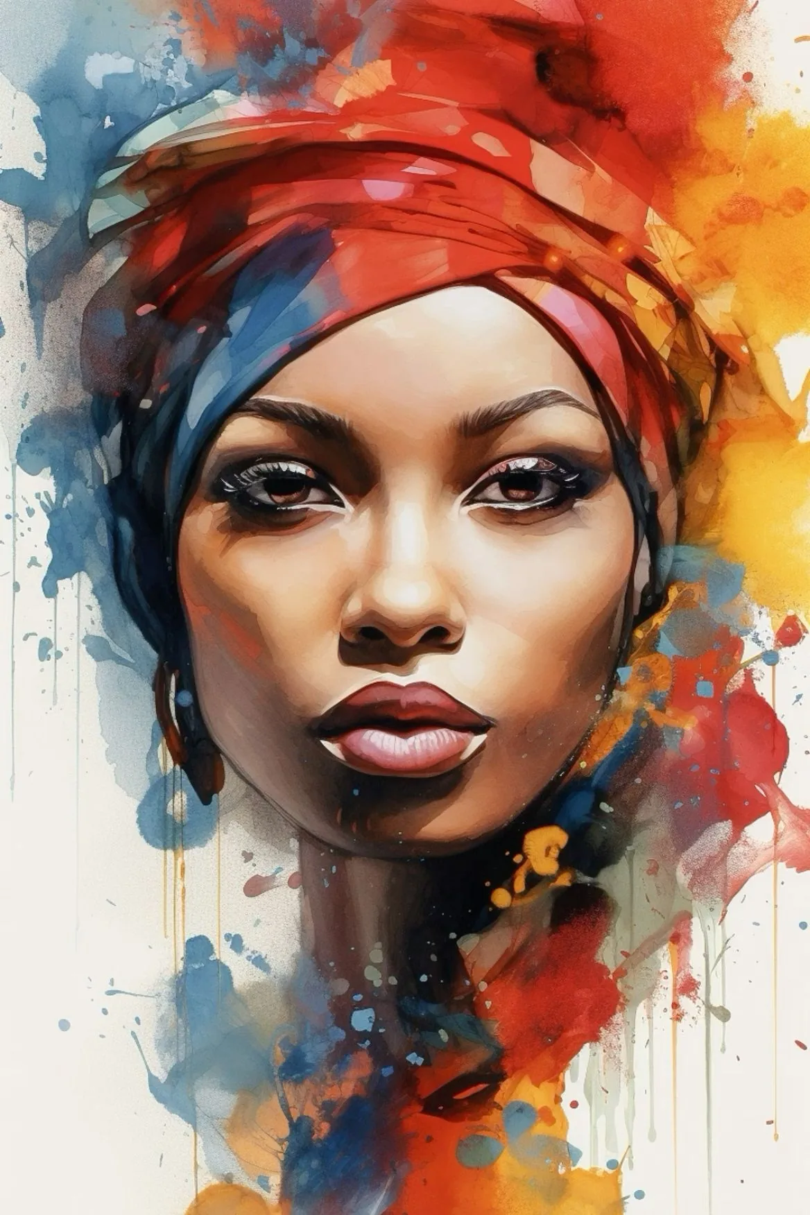 Watercolor portrait of a woman in a red and blue headwrap meeting the camera's gaze, splashes bleeding down the right while the lower left stays white paper.