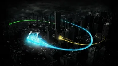 City Skyline with Neon Light Trails HD Wallpaper