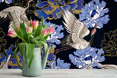 Black Wallpaper With Oriental Flower and Bird Pattern, Self Adhesive