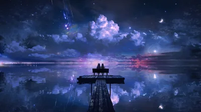 Couple on a Pier Under Stars HD Wallpaper