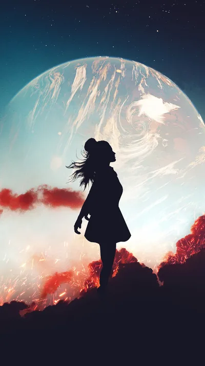 Alone Wallpaper 4K, Girl, Silhouette, Mood, Planet